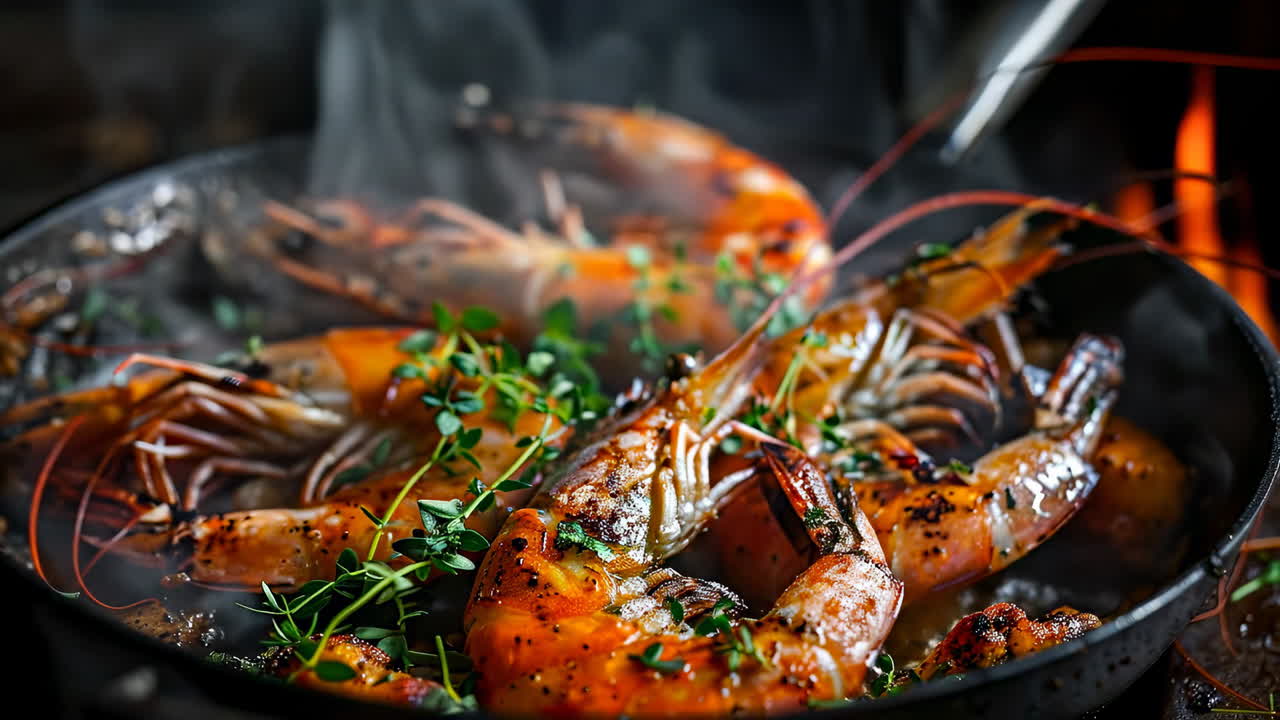Herbed shrimp over open flame. Fresh shrimp grill with herbs and spices, creating a smoky aroma in a rustic kitchen setting