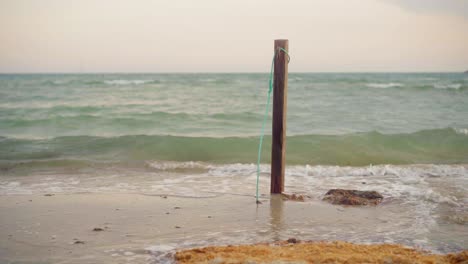 waves peacefully crashing on a sand beach shore, on a cloudy day