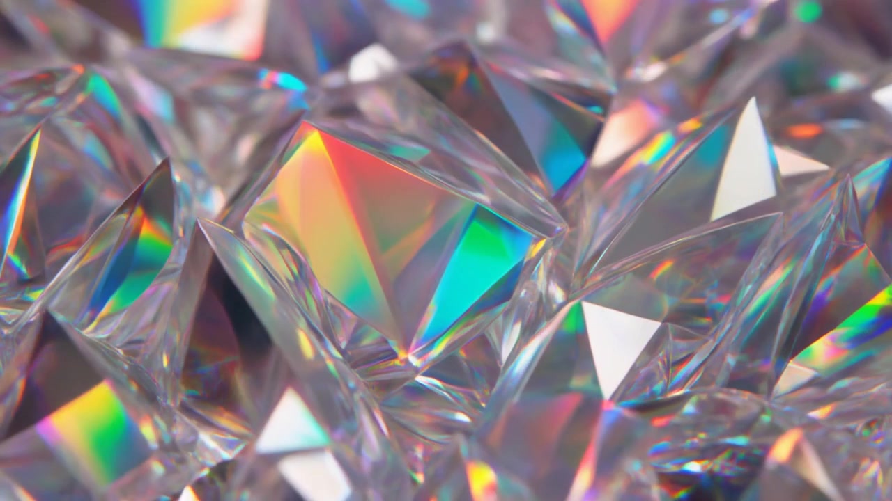 Primo piano di cristalli sfaccettati scintillanti con rifrazione di luce arcobaleno.