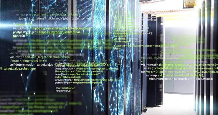 All'avvio, i rack dei server con visualizzazioni di rete blu luminose avviano lo streaming di codice per mostrare il flusso di dati.