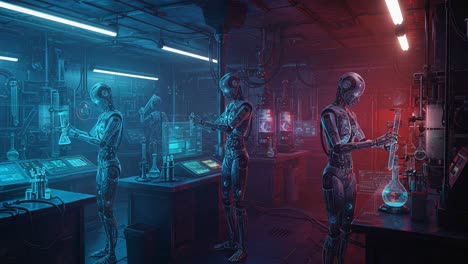 futuristic laboratory: advanced robots conducting experiments in a high-tech setting with vibrant lighting and cutting-edge scientific equipment