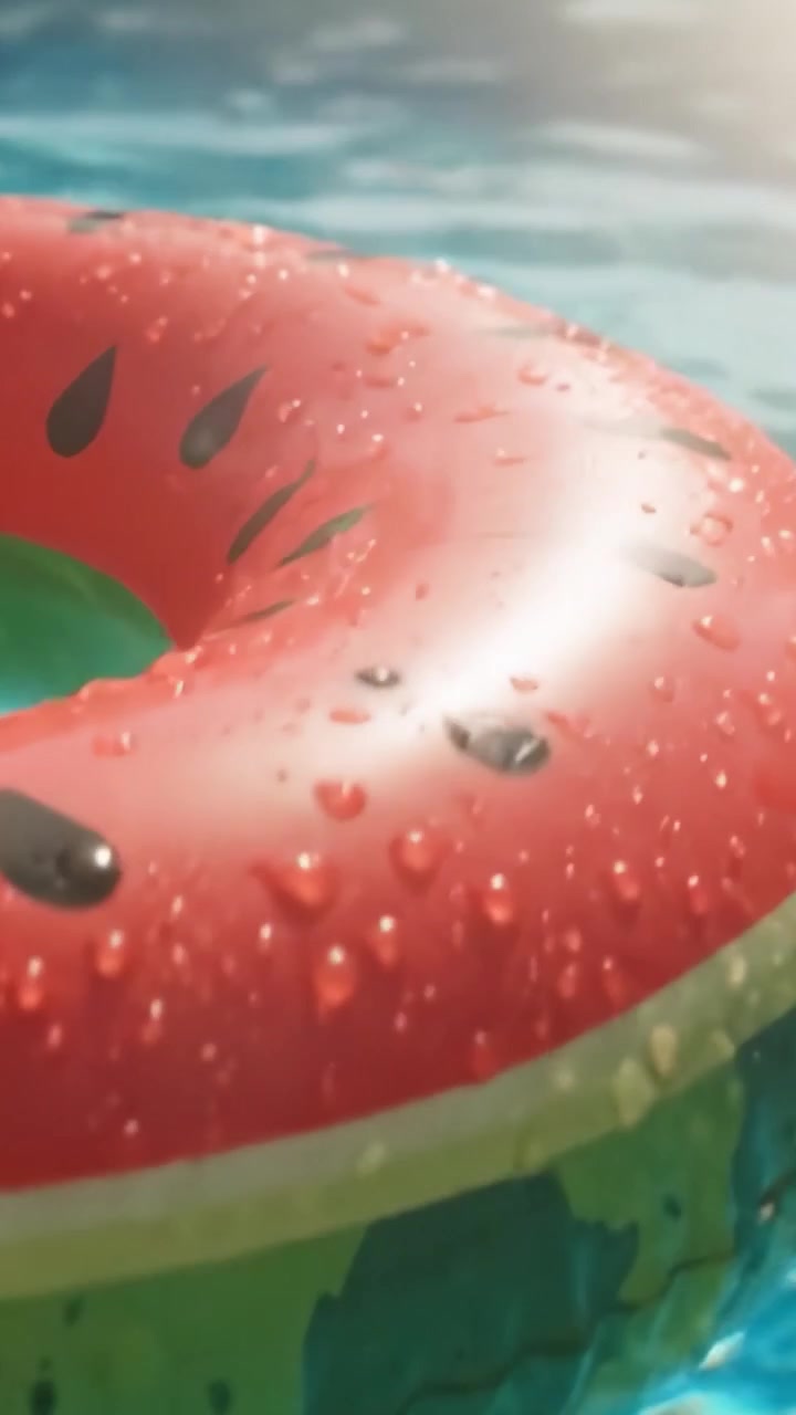 Boia Inflável de Melancia Colorida e Divertida Flutuando em Água Cristalina de Piscina, Perfeita para Lazer de Verão e Atividades ao Ar Livre com Amigos e Família