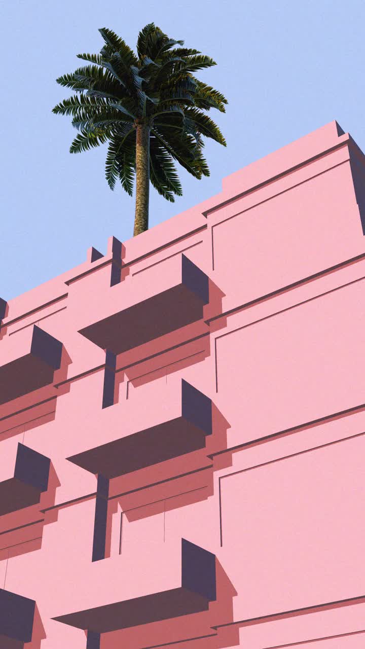 Time-lapse de sombras em movimento em edifício rosa com palmeira