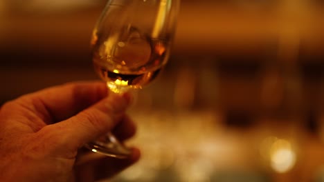 hand holding whisky glass in tasting session