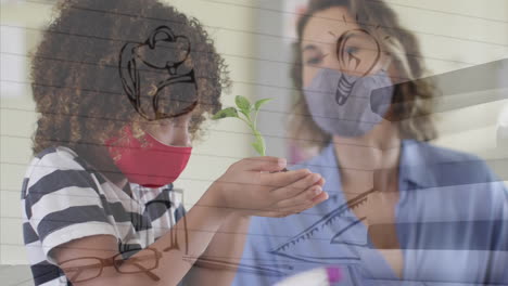 animación de iconos escolares sobre diversos escolares y maestros que usan máscaras faciales