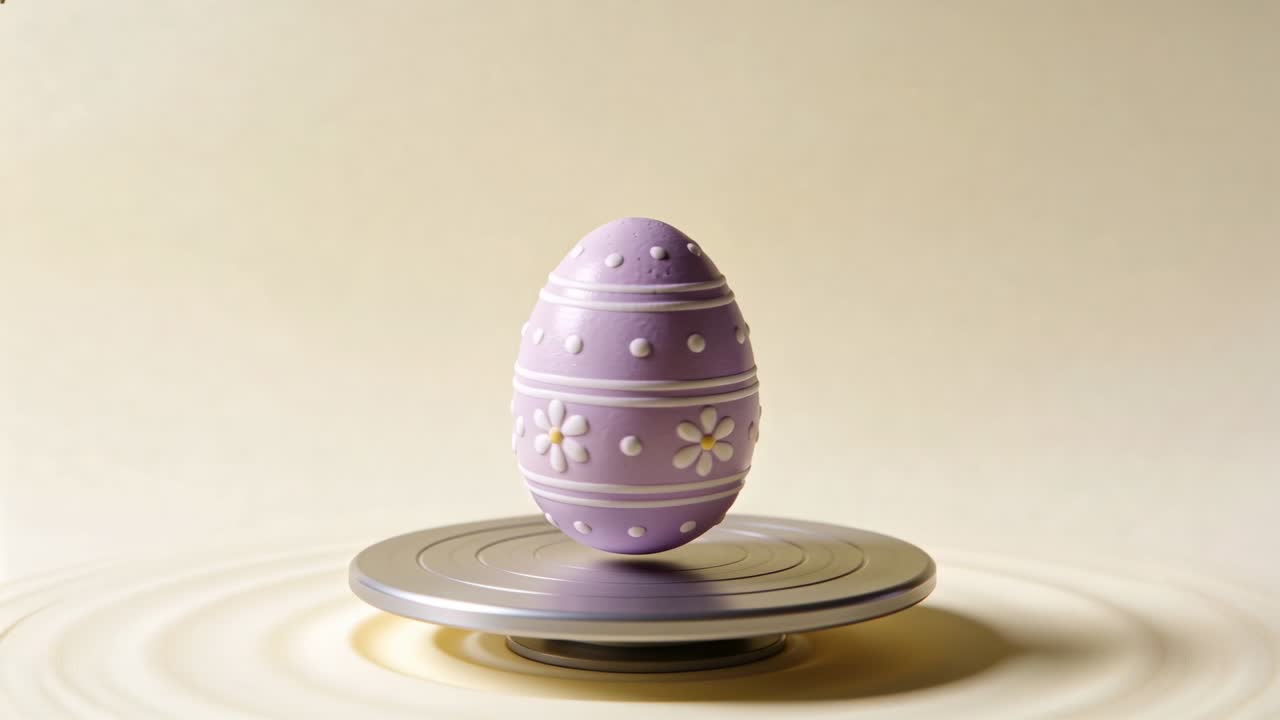 Durch Magnet aktiviertes Lavendelei mit Gänseblümchen und erhabenen Punkten, schwebend über einer Metallbasis mit Wellen.