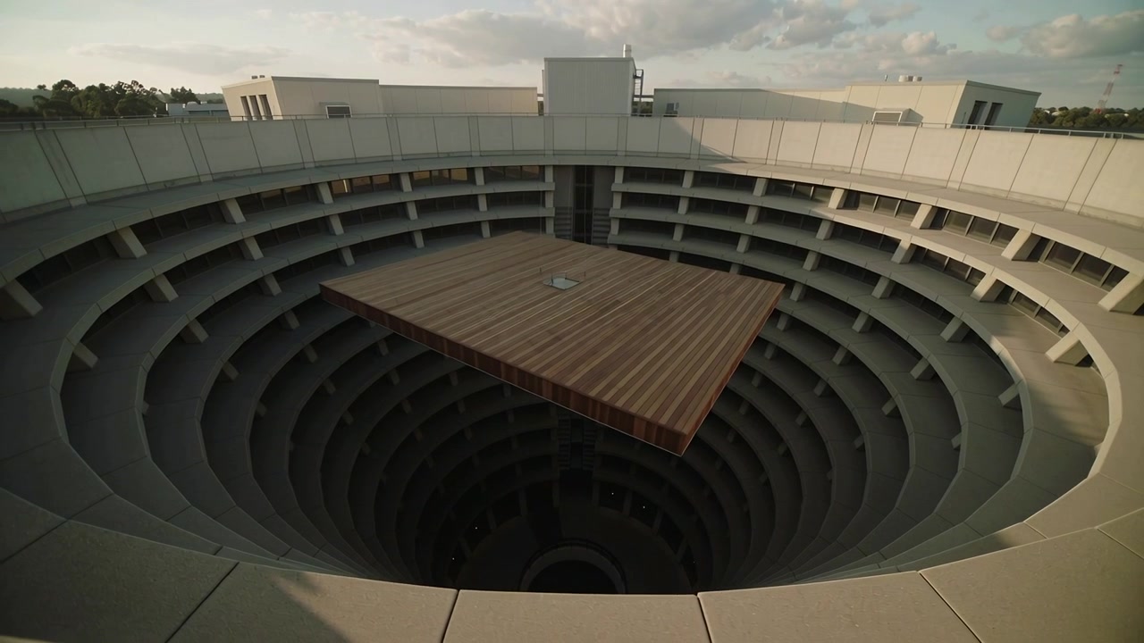 Panning aerial camera moving closer, revealing wooden platform over parking ramp void