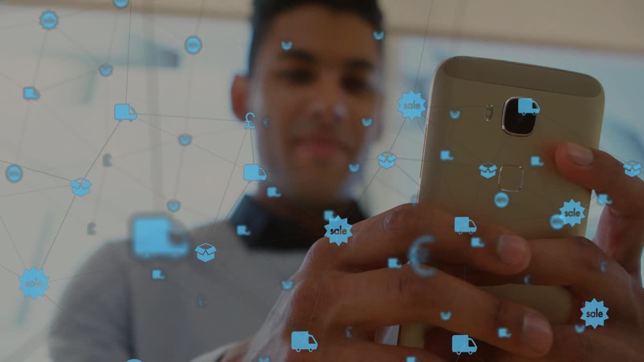 Man holding smartphone indoors, exploring e-commerce with floating delivery trucks and sale badges