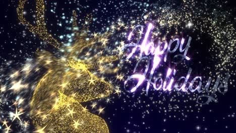 christmas motion graphics with a golden reindeer in a shower of glittering particles and the message �happy holidays�, in glowing text