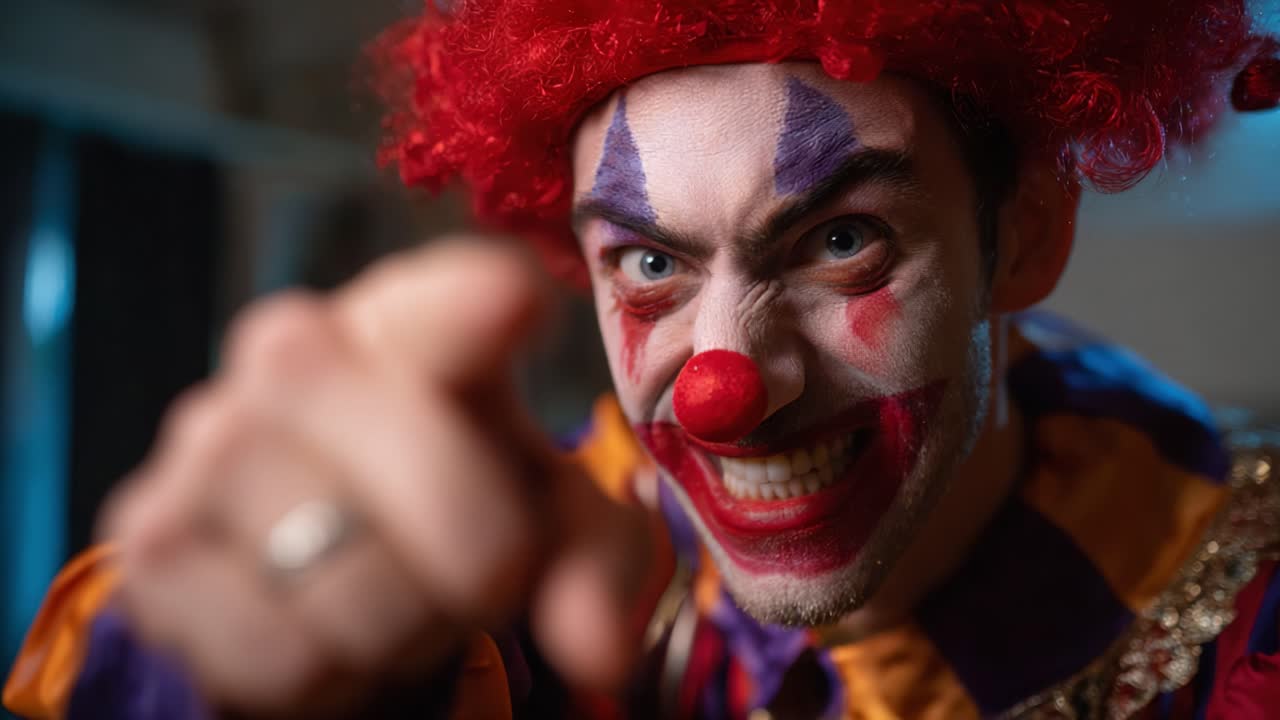 Intense Close-Up of a Clown with a Frightening Expression and Vibrant Costume, Highlighting the Complexity of Emotion in Performance Art