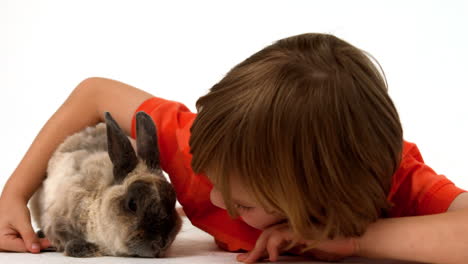 un niño lindo con un conejo de mascota