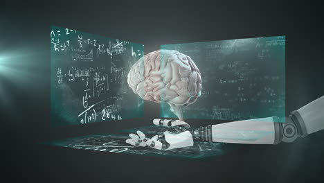 animation of robotic hand holding brain over mathematical equations