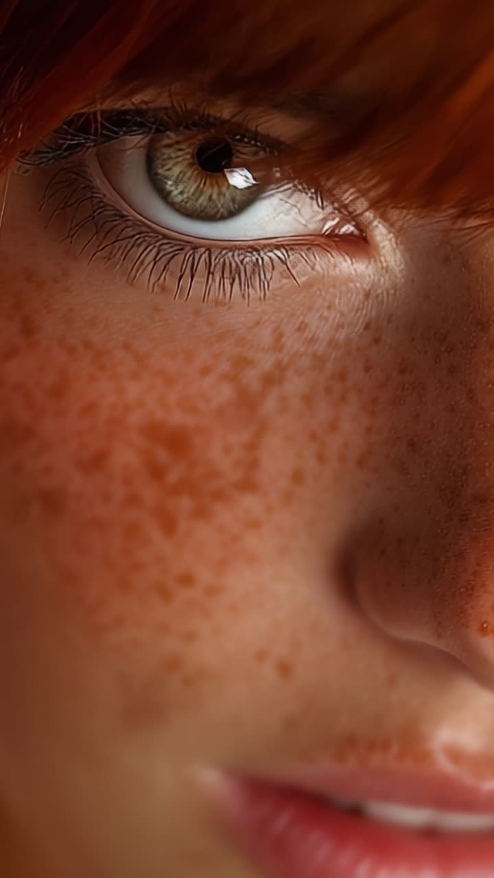 Close-Up View of a Freckled Face Highlighting Beautiful Green Eyes with a Unique Expression, Captured in Two Distinct Frames Emphasizing Natural Features and Textures