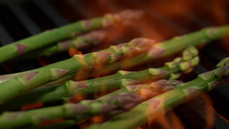 espárragos asados en una parrilla, asados por las llamas debajo de la parrilla rejilla, macro y cámara lenta