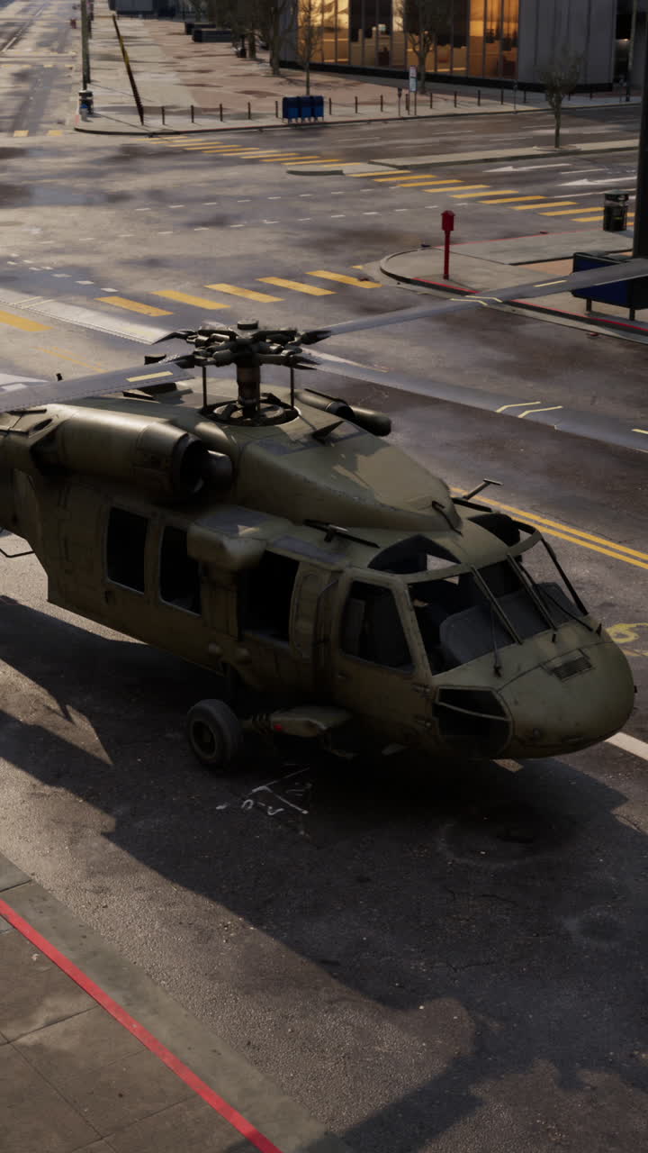 Damaged Military Helicopter on City Street