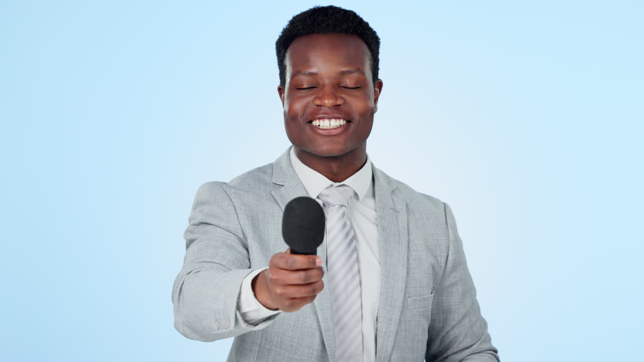 Black man, microphone and reporter with broadcast