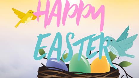 animation of happy easter text with decorated easter eggs and two flying birds on yellow background