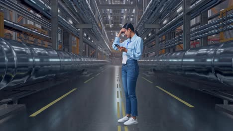 full body side view of an asian female professional worker standing with her phone in a in big warehouse filled with metal pipes, she is nodding her shead with dissapionted