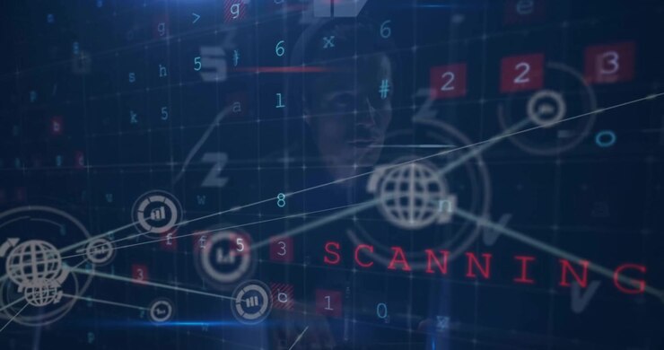 Animazione di icone connesse su testi, lettere, simboli e numeri su uno sfondo astratto.