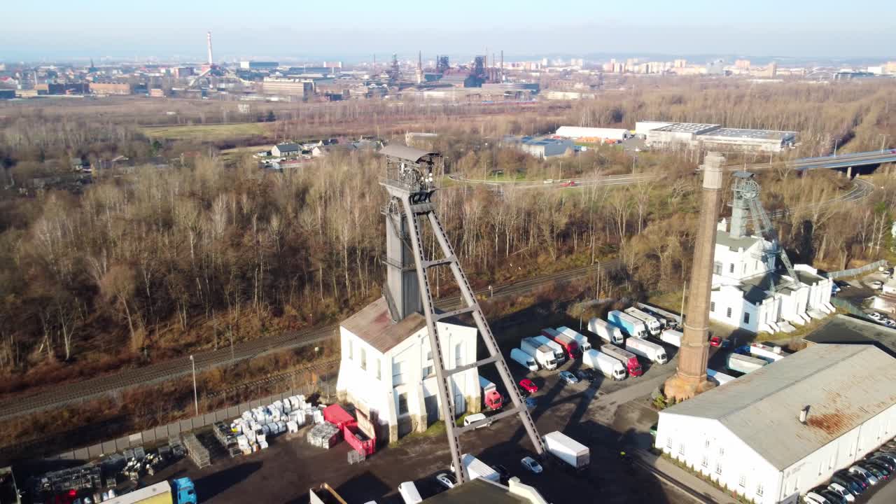 Headframe Winding Tower Of An Old Coal Mine In Ostrava, Czech Republic. - aerial shot