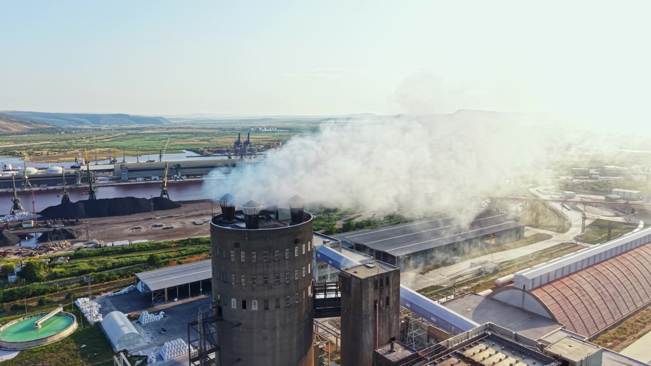 Una fabbrica emette fumo sopra un paesaggio con edifici industriali e macchinari sullo sfondo di giorno