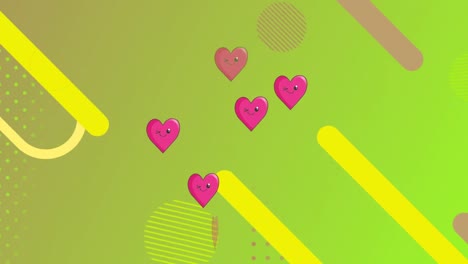 Animation-Von-Herzen-über-Bunten-Formen-Auf-Grünem-Hintergrund