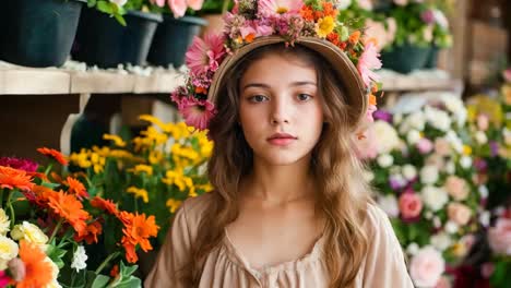 una mujer con una corona de flores frente a un ramo de flores