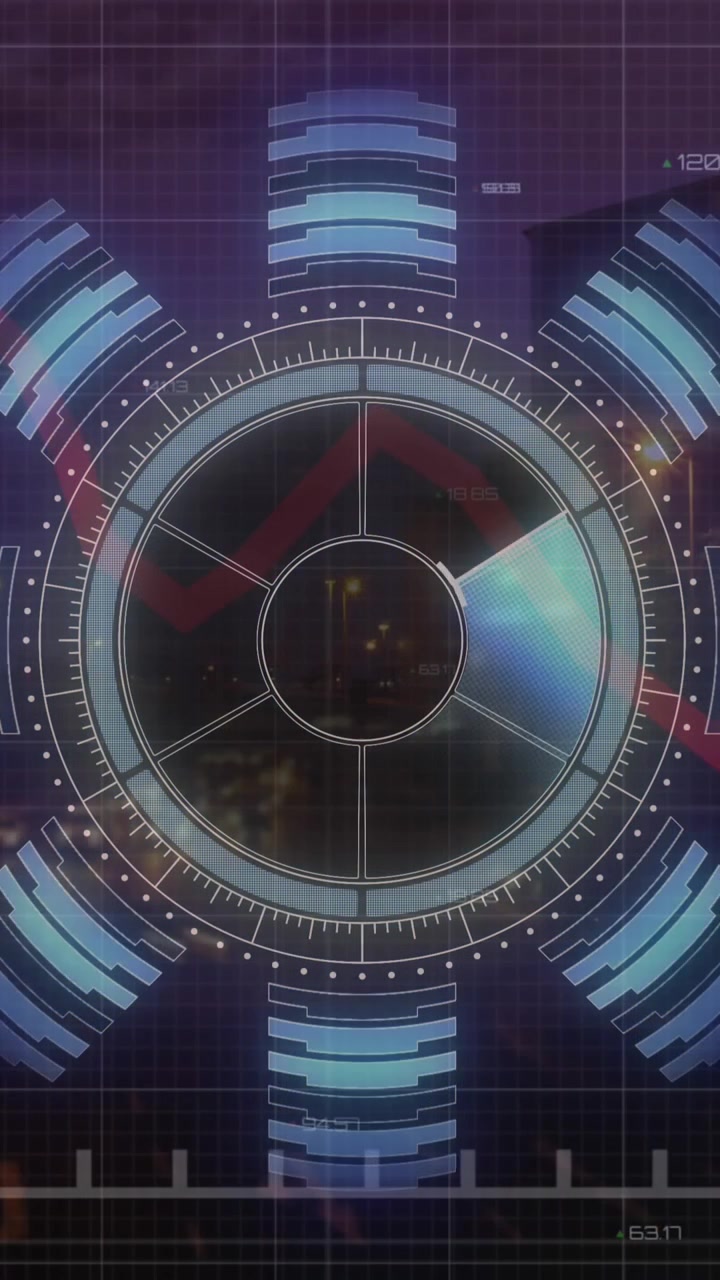 Animation of round scanner and statistical data processing against time-lapse of night city traffic