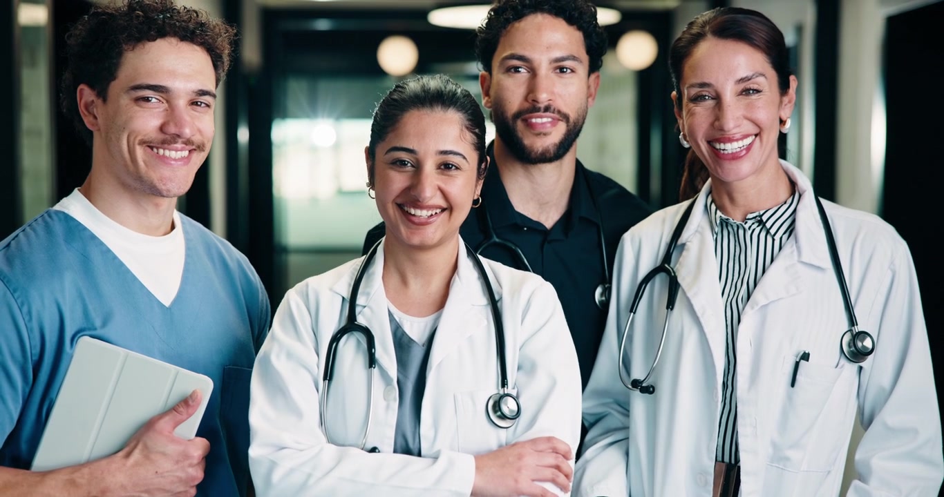 Group of Diverse Medical Professionals Smiling in Hospital Corridor