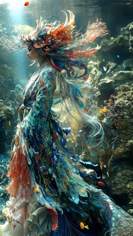 enchanting underwater figure adorned with vibrant marine flora and fauna