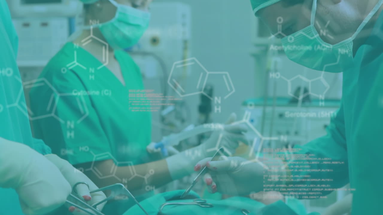 수술실에서 일하는 외과 의사들에 대한 의료 정보와 데이터 처리의 애니메이션