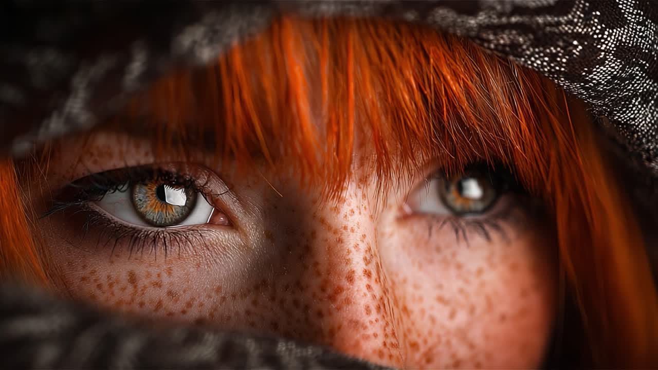 Sguardo intenso attraverso il velo: primo piano accattivante di occhi enigmatici incorniciati da capelli rosso fuoco e intricate lentiggini.