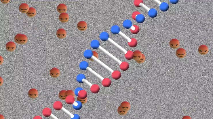 Digital animation of dna structure spinning over multiple angry face emojis against tv static effect