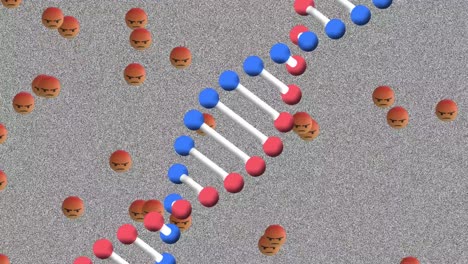 animación digital de la estructura del adn girando sobre múltiples emojis de cara enojada contra el efecto estático de la televisión