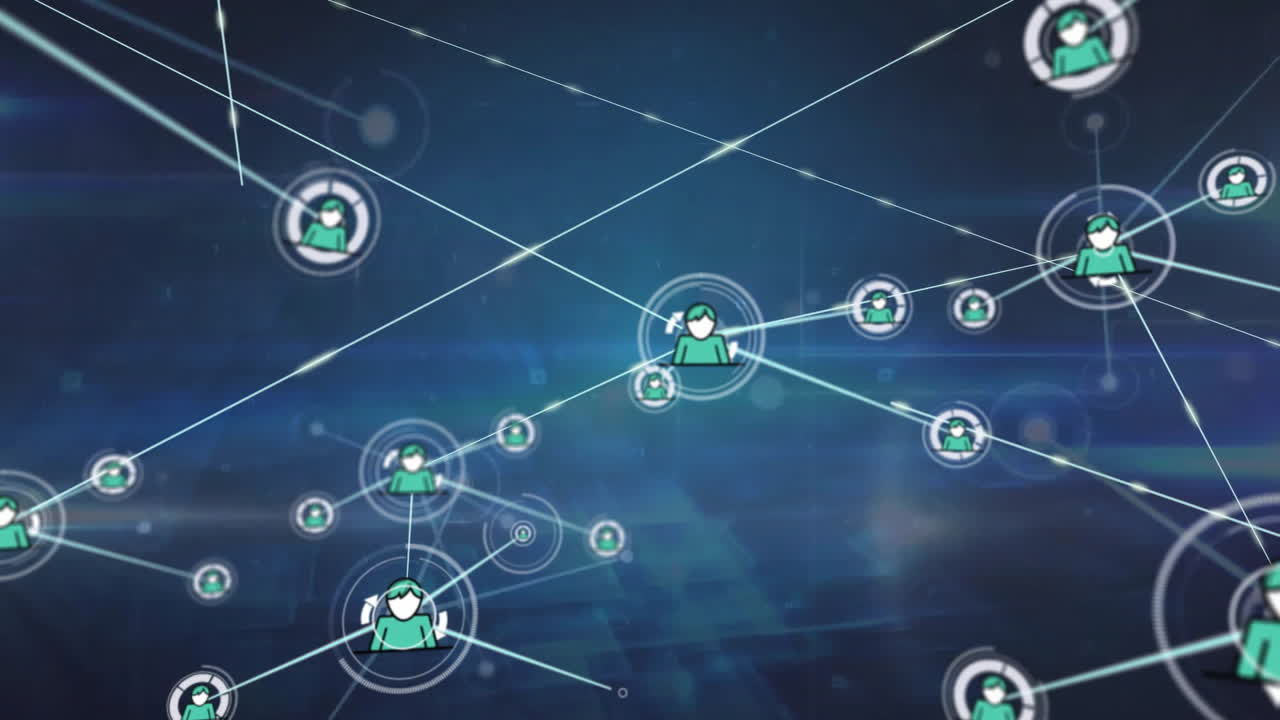 Animation of network of people icons over processing data on dark background