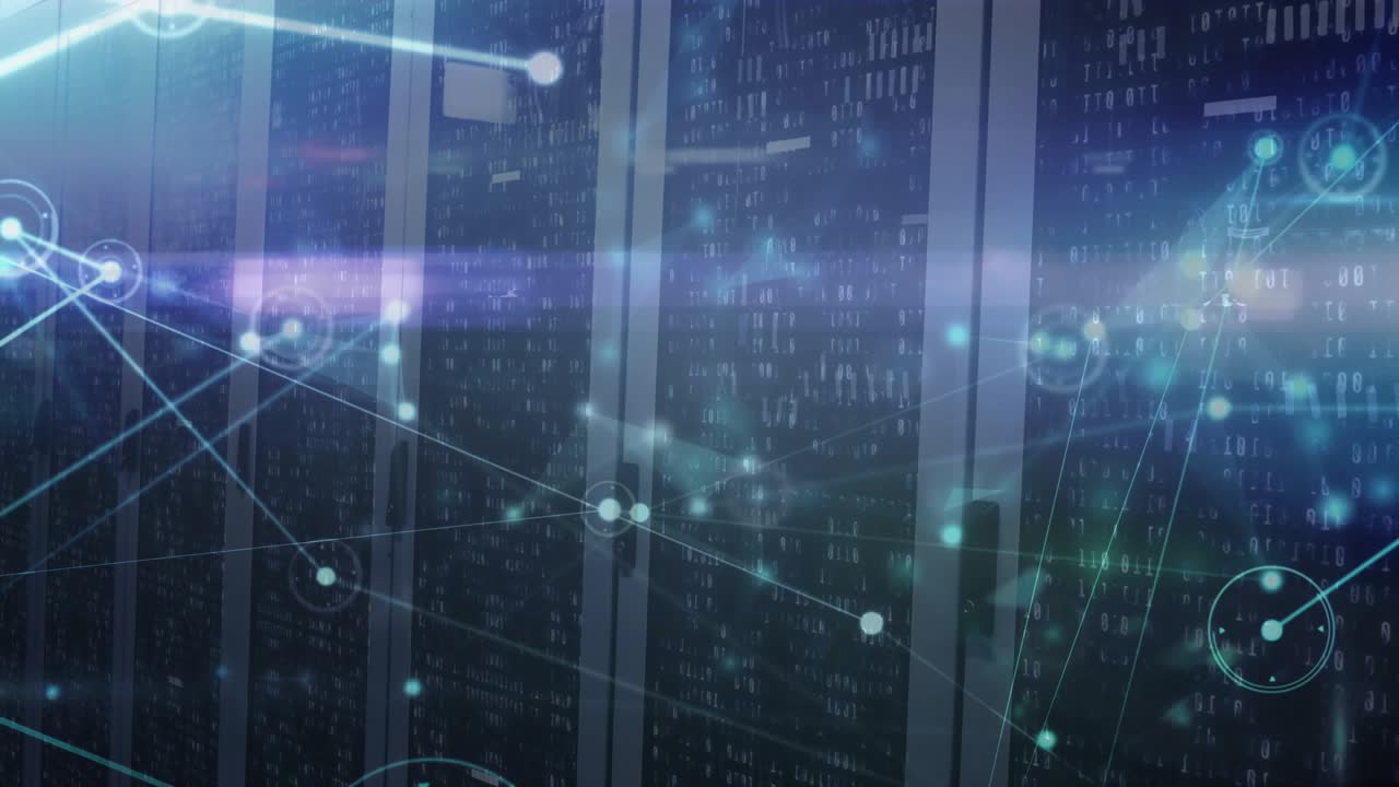 Server cabinets holding still while teal lines and nodes streaming on light sweep visualizing flow