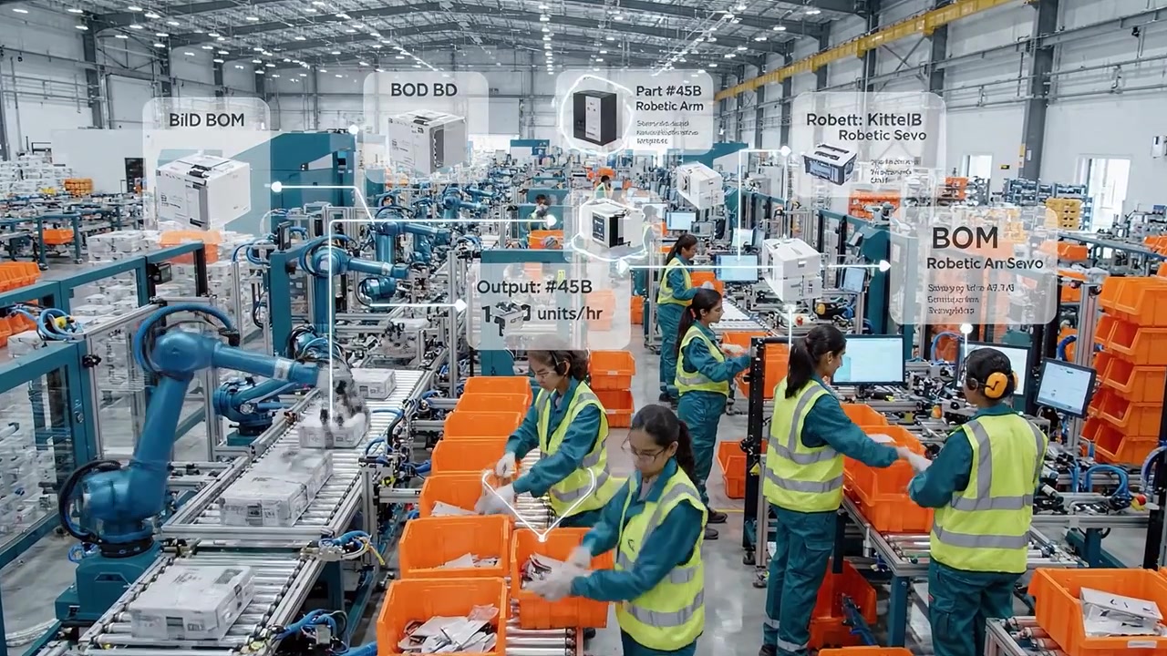 Operaciones de Fábrica Inteligente con Trabajadores, Robots y Superposiciones Digitales.