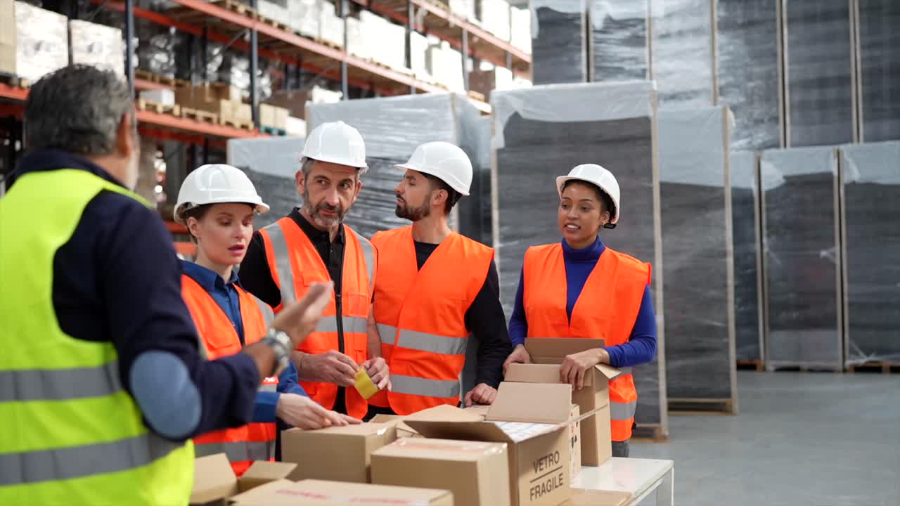 Warehouse workers packing boxes