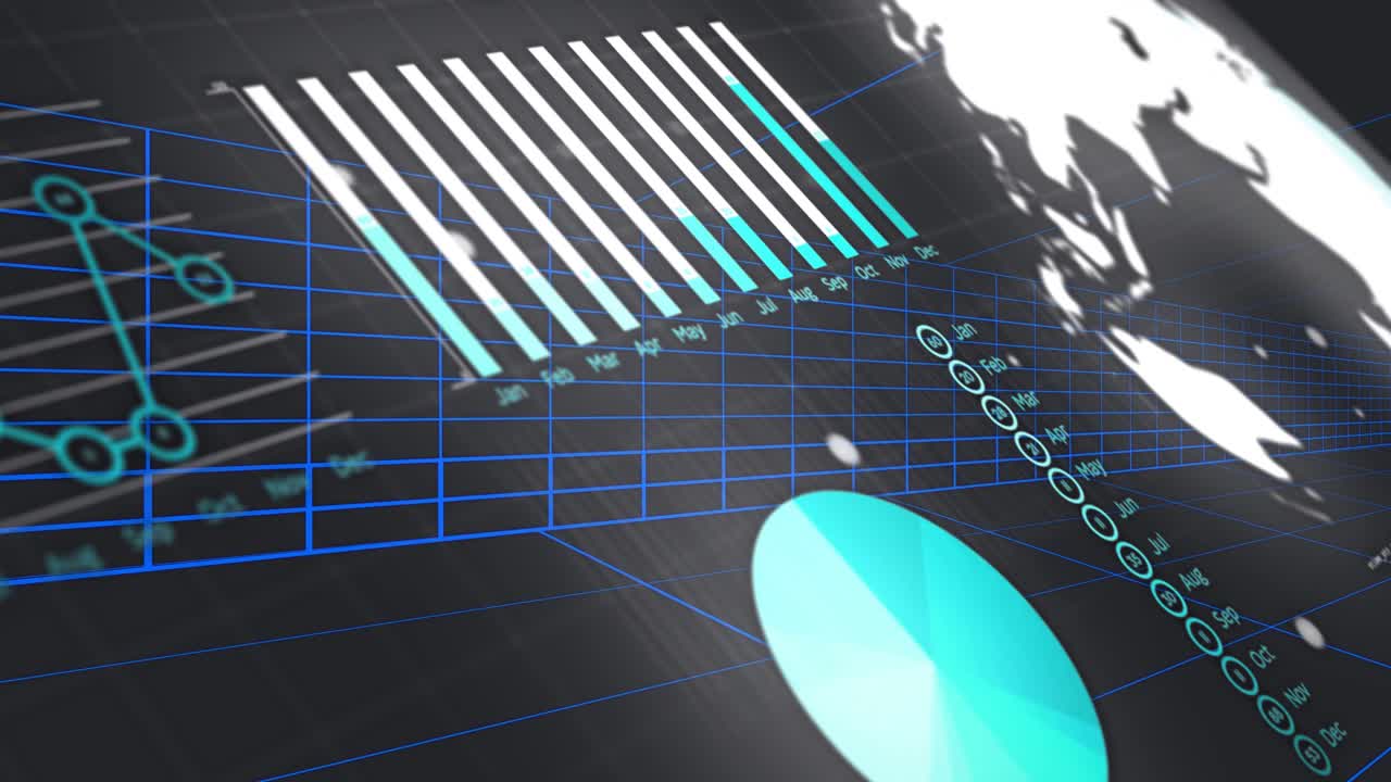 Camera pulling back from wireframe grid, panning, revealing month bars, pie, globe, showing trends