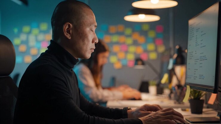 En fokuseret professionel arbejder ved en computer under dæmpet kontorbelysning, omgivet af farverige post-it-noter, hvilket fremhæver et samarbejdsorienteret og kreativt arbejdsmiljø.