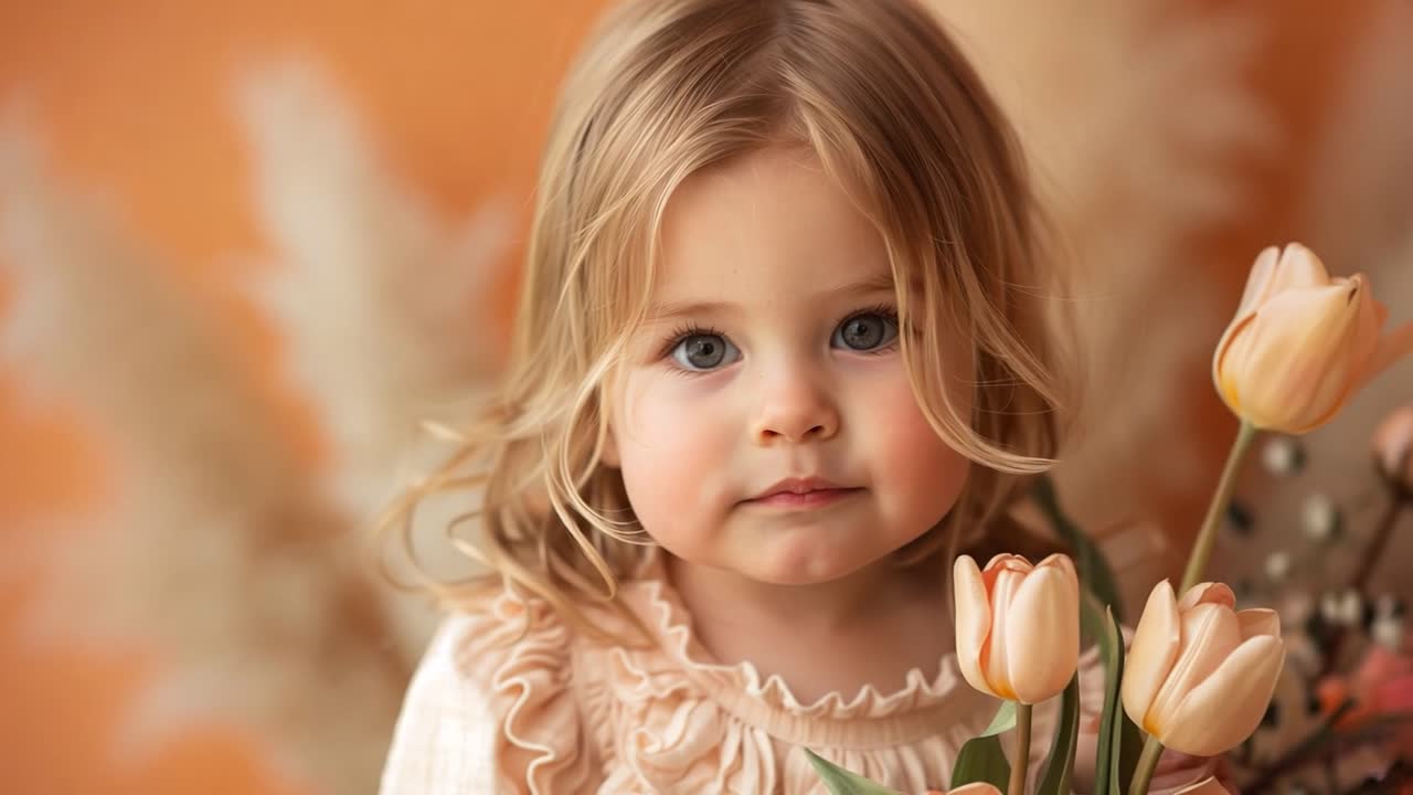 Portrait of a Cute Young Girl with Tulips