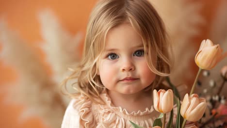 portrait of a cute young girl with tulips