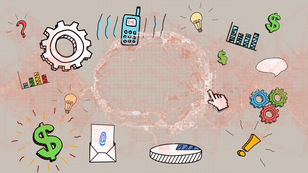 베이지색 배경에 회전하는 뇌 위에 다양한 비즈니스 아이콘의 애니메이션