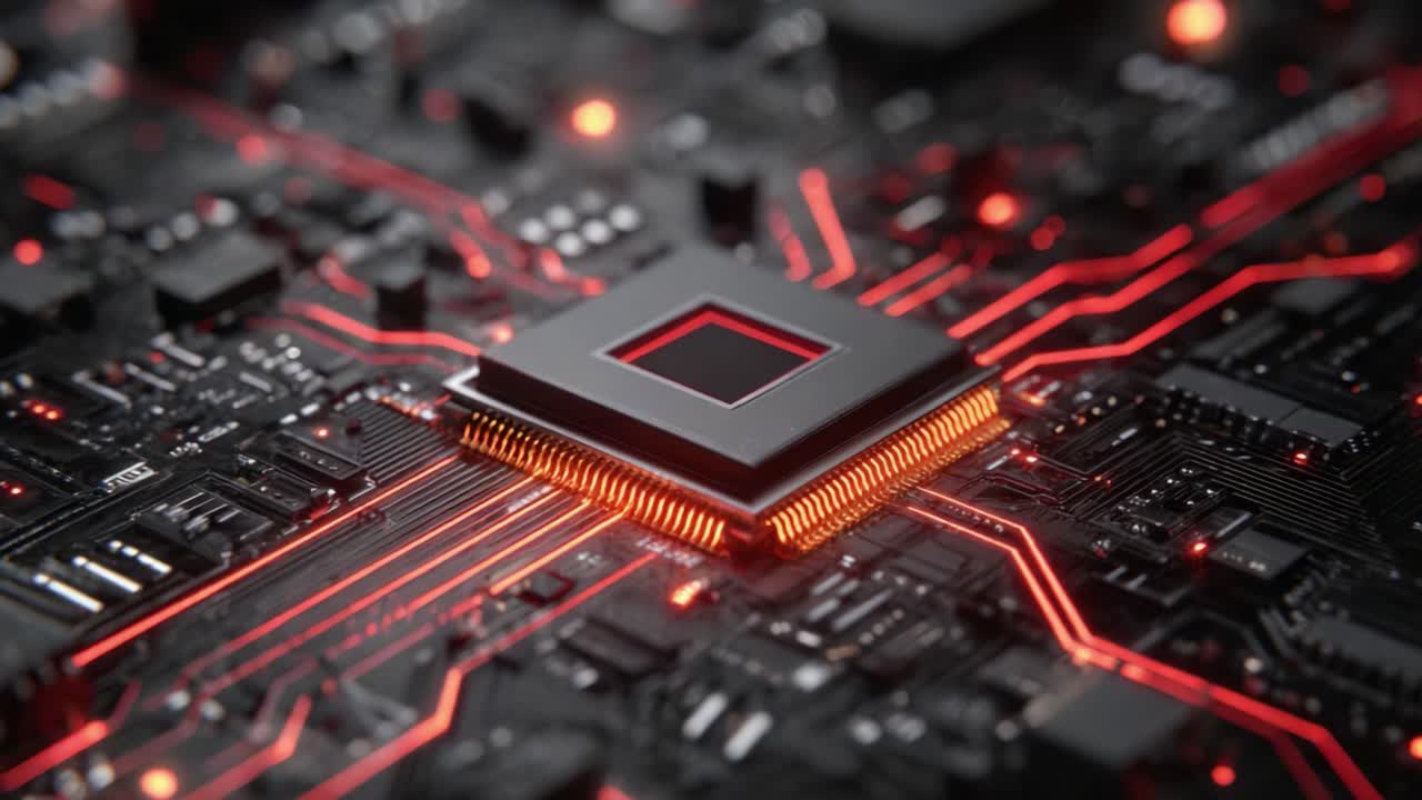 A Close-Up View of a Modern Microprocessor on a Circuit Board with Glowing Red Lines, Showcasing Advanced Technology and Complex Electronic Design