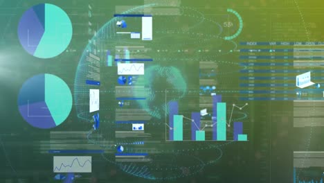 Animation-of-digital-screen-with-diverse-data,-globe-and-graphs