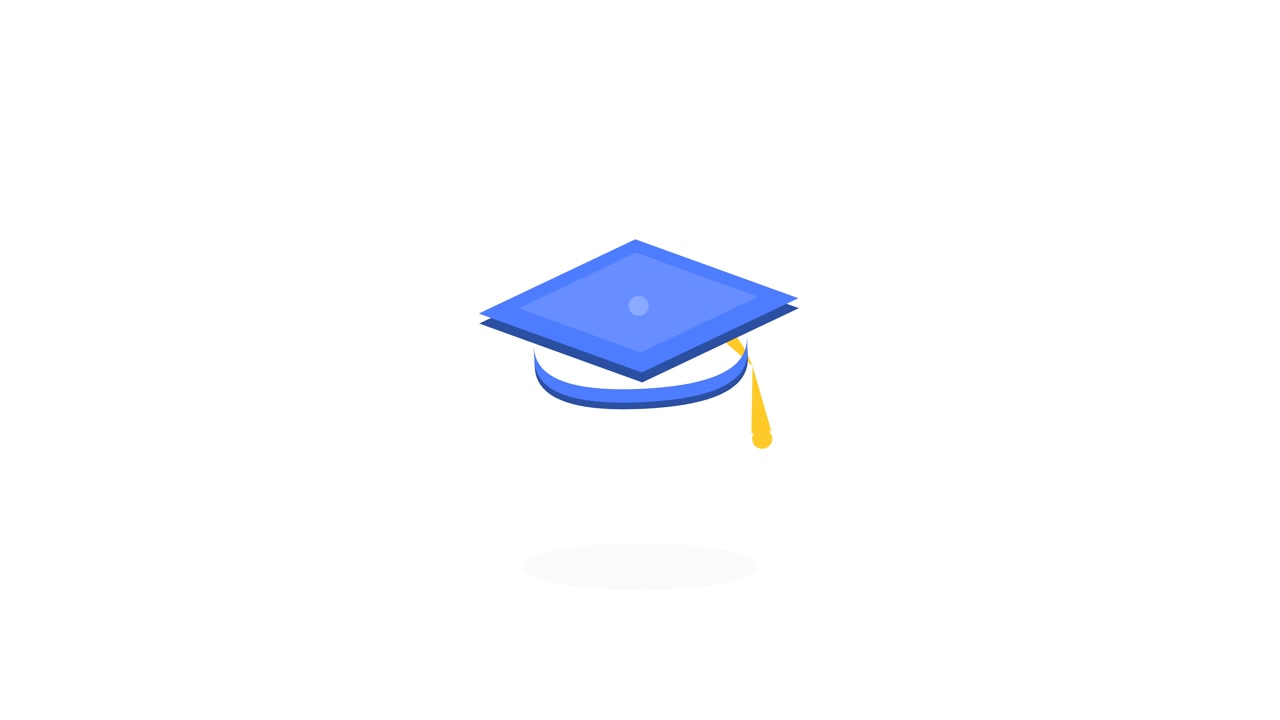 Tocco di laurea blu animato che fluttua su sfondo bianco