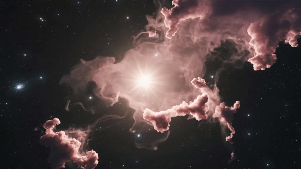 Nebulosa rosa in movimento nello spazio che rivela una stella luminosa e filamenti, con la telecamera che si allontana.