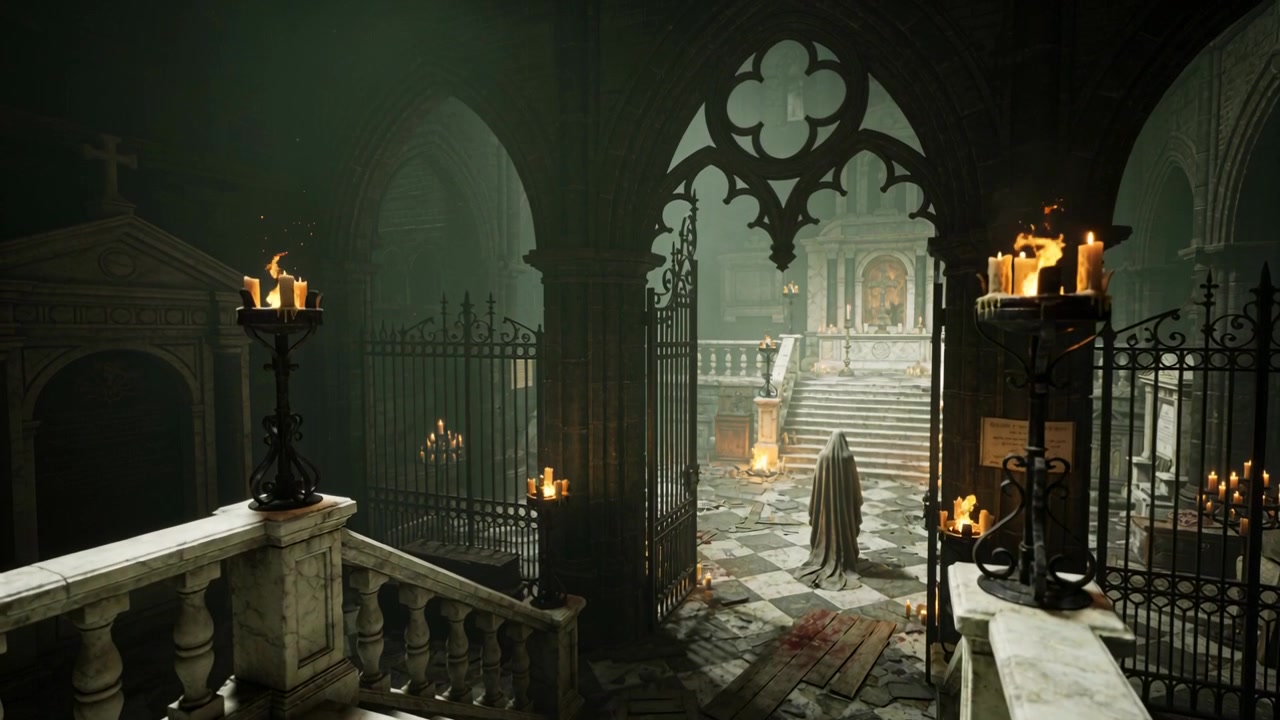 Kappe-klædt figur træder ind, observerer kåbe-klædt person ved altertrinene til et opgør, stearinlys, port