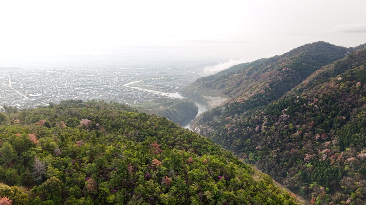 Aerial drone view of the Katsura River in Arashiyama, Japan in daylight