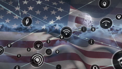 network of digital icons over waving us flag against clouds and moon in the night sky